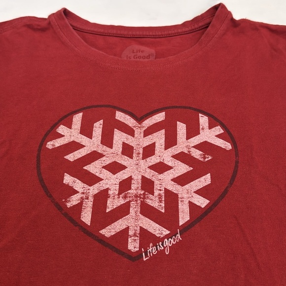 Women’s Life is Good Heart Snow Flake Red Long Sleeve Shirt - Picture 2 of 7